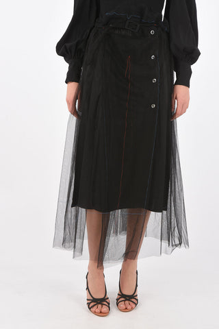 Belted Tulle Midi Skirt with Buttons