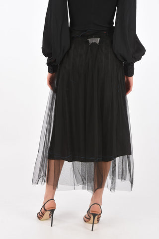 Belted Tulle Midi Skirt with Buttons