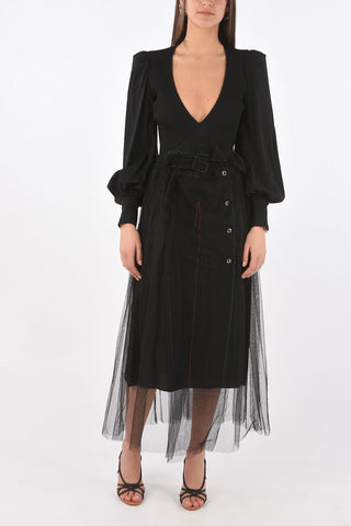 Belted Tulle Midi Skirt with Buttons