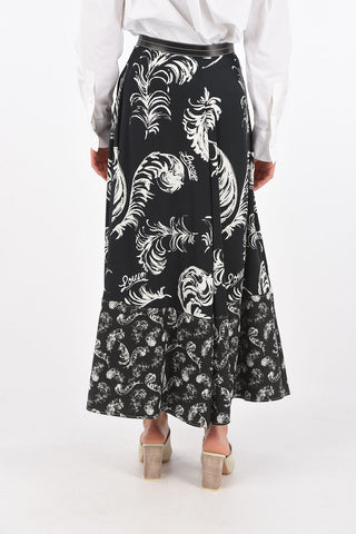 Viscose and Linen Midi Skirt with Leather Details