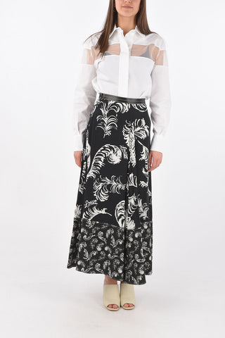 Viscose and Linen Midi Skirt with Leather Details