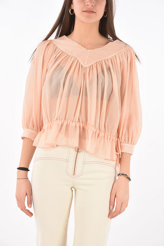 SEE BY V Neck Silk Blend Blouse with Drawstring