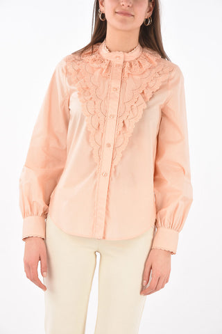SEE BY Mandarin Collar Ruffle Front Shirt with Sangallo Details
