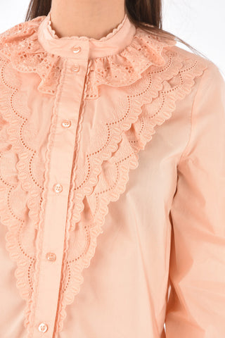 SEE BY Mandarin Collar Ruffle Front Shirt with Sangallo Details