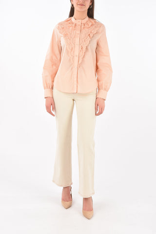 SEE BY Mandarin Collar Ruffle Front Shirt with Sangallo Details