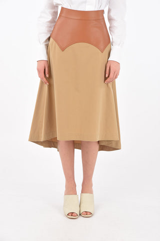 Leather Detail Cotton Flared Midi Skirt