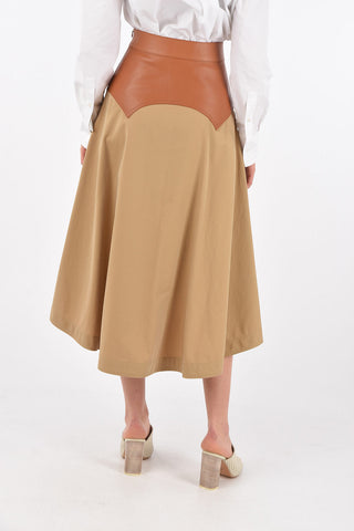 Leather Detail Cotton Flared Midi Skirt