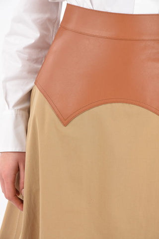 Leather Detail Cotton Flared Midi Skirt