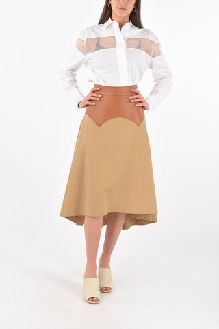 Leather Detail Cotton Flared Midi Skirt