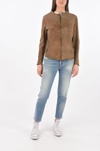 Front Zipped Textured Leather Jacket