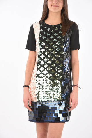 Short-sleeved Back Zipped Sequined Dress