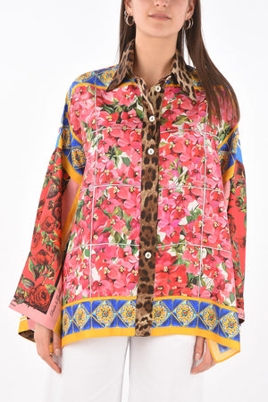 Flared Sleeve Multipatterned Silk Shirt with Side Splits