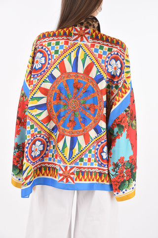 Flared Sleeve Multipatterned Silk Shirt with Side Splits