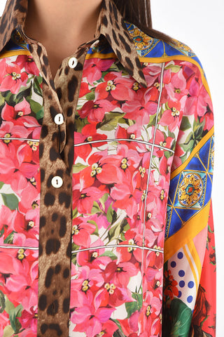 Flared Sleeve Multipatterned Silk Shirt with Side Splits