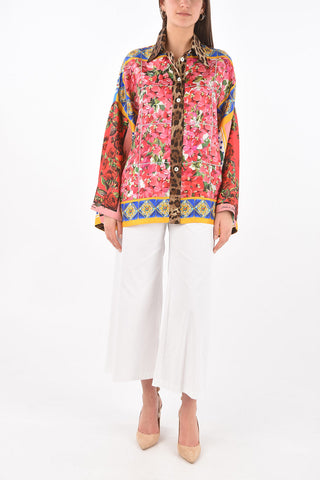 Flared Sleeve Multipatterned Silk Shirt with Side Splits
