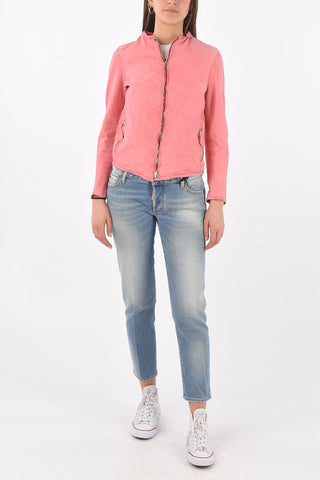 Front Zipped Textured Leather Jacket