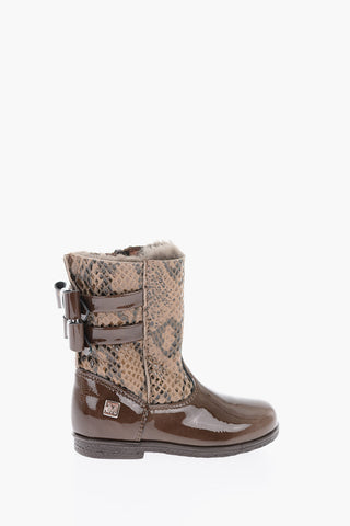 python effect leather ankle boots with inner fur