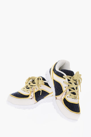sneakers in pelle e tessuto con lacci in lurex