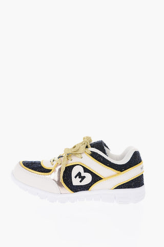 sneakers in pelle e tessuto con lacci in lurex