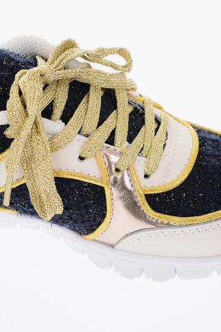 sneakers in pelle e tessuto con lacci in lurex