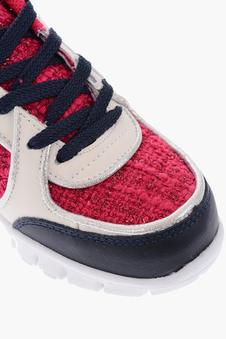 leather and fabric sneakers with rubber track sole
