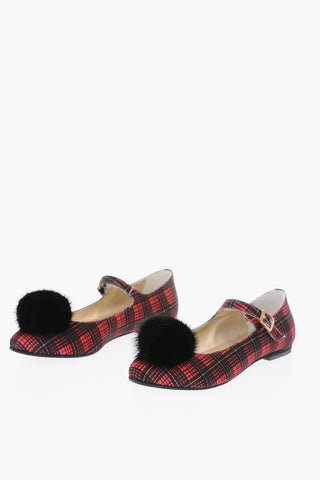 tartan Mary Jane ballet flats with pom-pom