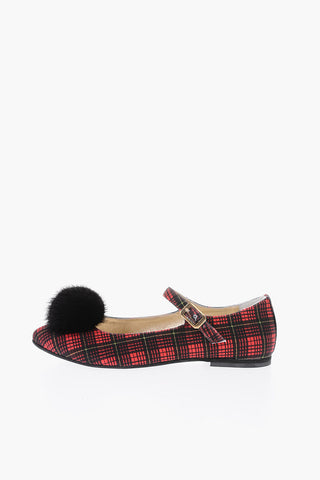 tartan Mary Jane ballet flats with pom-pom