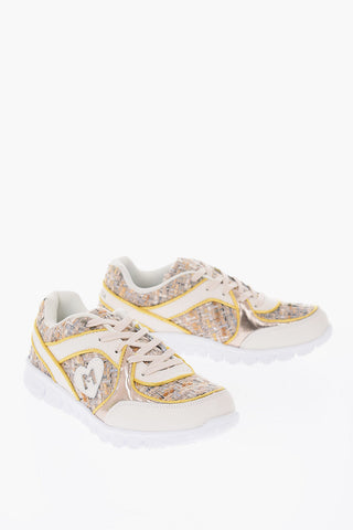 leather and fabric sneakers with rubber track sole