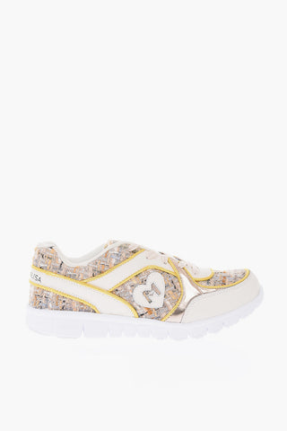 leather and fabric sneakers with rubber track sole