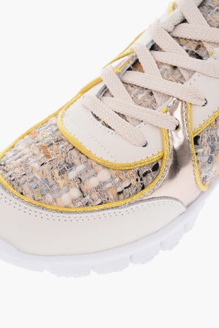 leather and fabric sneakers with rubber track sole