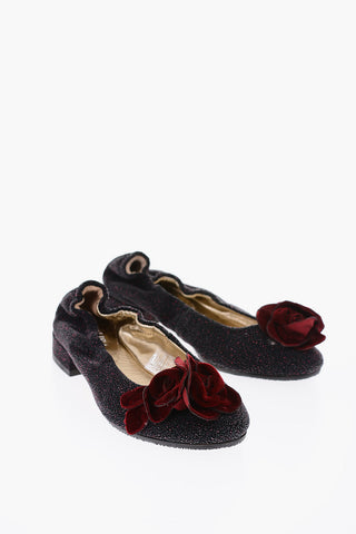 glitter leather ballet flats with roses detail