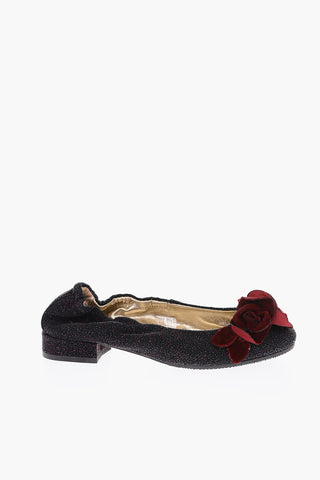 glitter leather ballet flats with roses detail