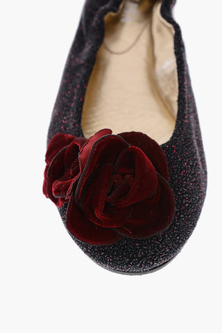 glitter leather ballet flats with roses detail