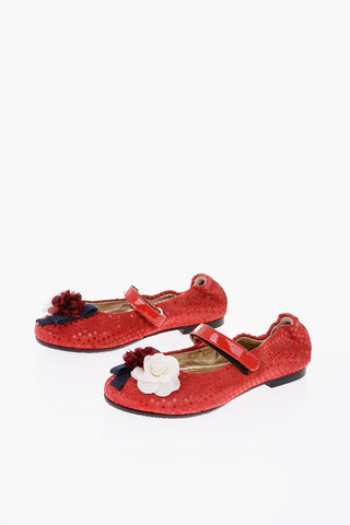 polka dots suede leather mary jane ballet flat with roses details