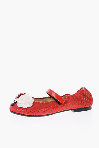 polka dots suede leather mary jane ballet flat with roses details