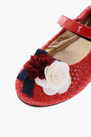 polka dots suede leather mary jane ballet flat with roses details