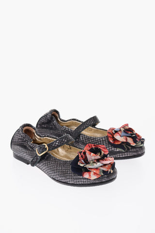 python printed leather Mary Jane ballet flats with flower application