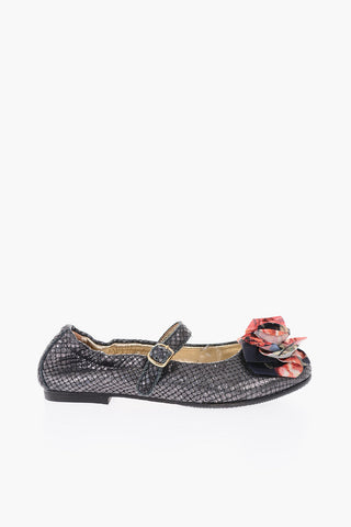 python printed leather Mary Jane ballet flats with flower application