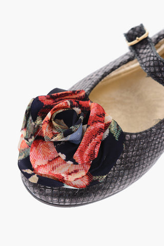 python printed leather Mary Jane ballet flats with flower application