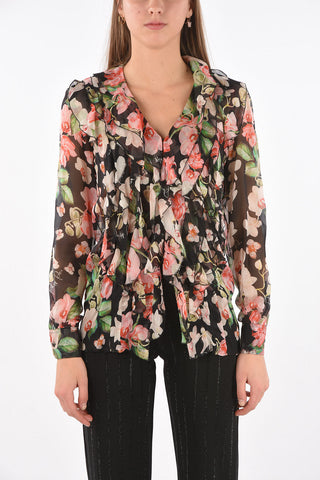 Camicia Ruffle Front in Seta Fantasia Floreale