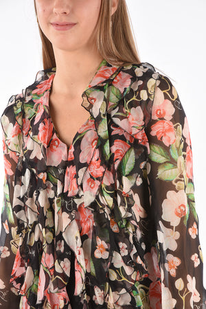 Floral Patterned Ruffle Front Silk Shirt