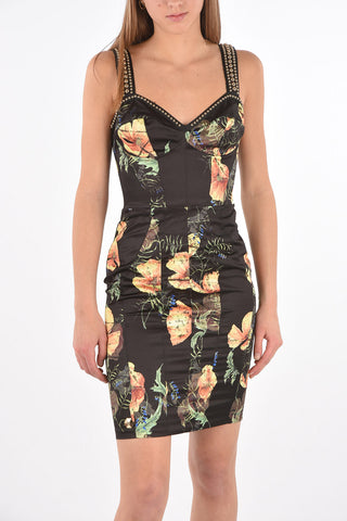 Floral Patterned Studded Satin Dress