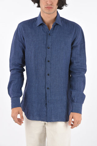 Camicia in lino gessata con collo francese