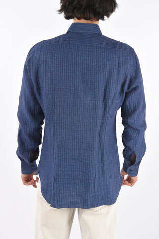 Camicia in lino gessata con collo francese