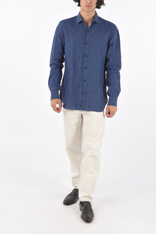 Camicia in lino gessata con collo francese