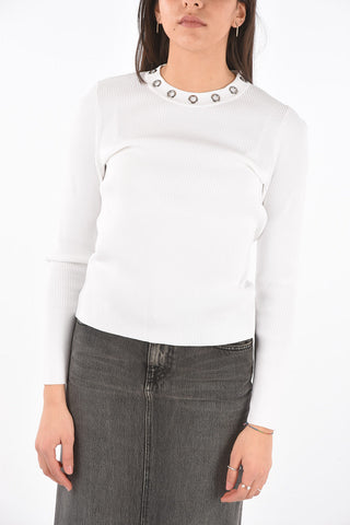 Crew Neck Ribbed Sweater with Metal Detail