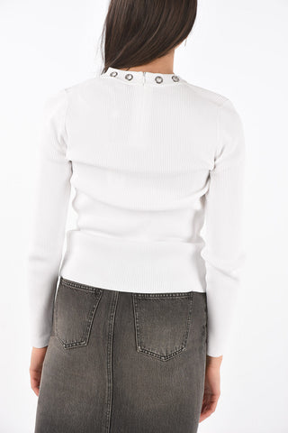 Crew Neck Ribbed Sweater with Metal Detail