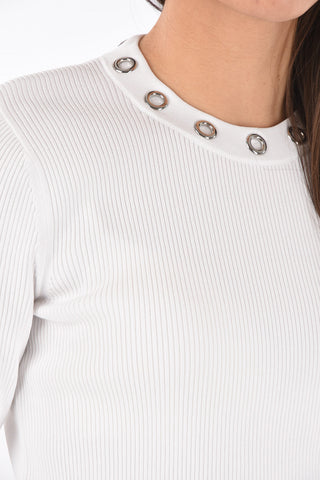 Crew Neck Ribbed Sweater with Metal Detail