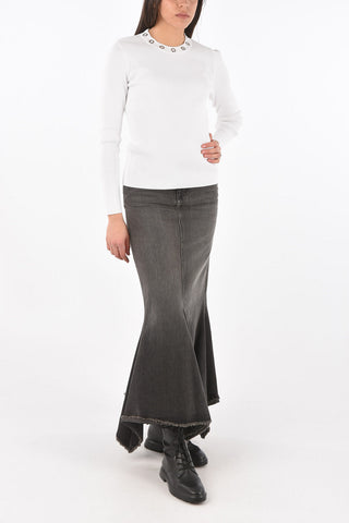 Crew Neck Ribbed Sweater with Metal Detail