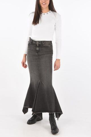 Flared Bottom Denim Midi Skirt